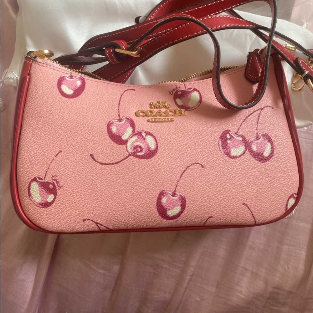 Coach Pink and Red Cherry Print Shoulder Bag